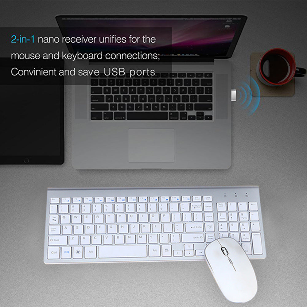 Teclado e mouse sem fio para escritório, vistos de frente sobre a mesa de trabalho