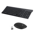 Conjunto de teclado e mouse sem fio para escritório em ângulo lateral, destacando o perfil baixo